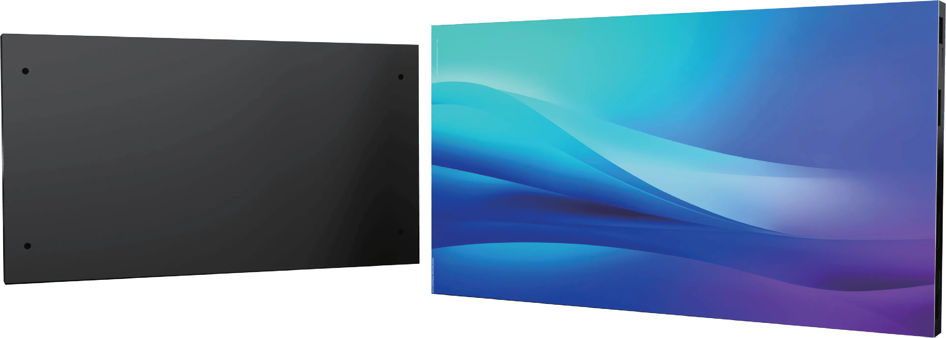 1609 Mega Series COB LED panel displaying blue and purple artwork, shown beside the dark rear cabinet chassis