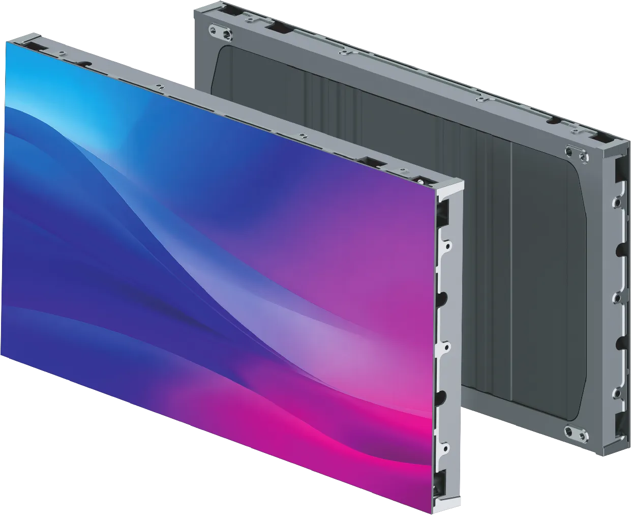 1609E Mega Series LED cabinet displaying blue and magenta artwork, shown beside the grey rear chassis