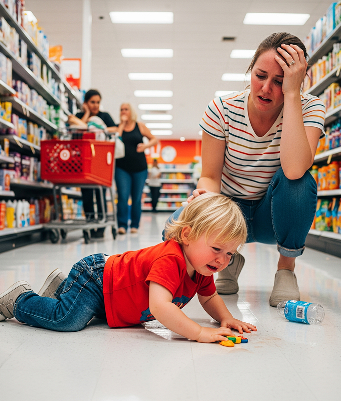 A stressed mother with her hand on her forehead looks down at her young blonde child who is lying on the floor of a grocery store aisle having a tantrum, while other shoppers are visible in the background