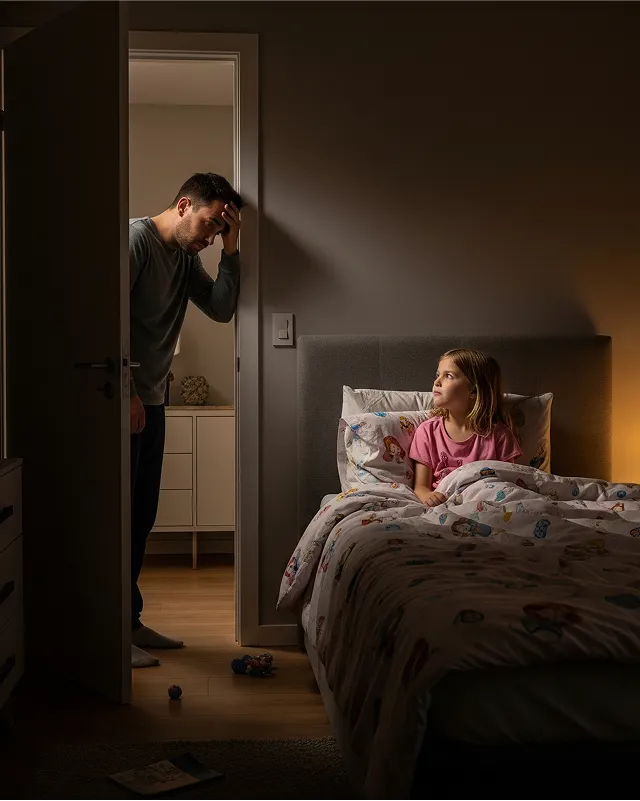 A frustrated father stands in a darkened bedroom doorway with his hand on his forehead while his young daughter sits awake in bed looking at him, illustrating nighttime sleep struggles