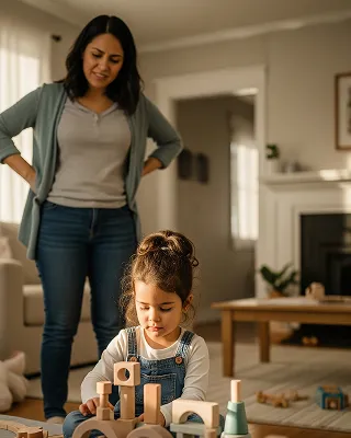 A mother stands with hands on her hips looking frustrated while her young daughter sits at a table playing with wooden blocks, appearing to ignore her parent