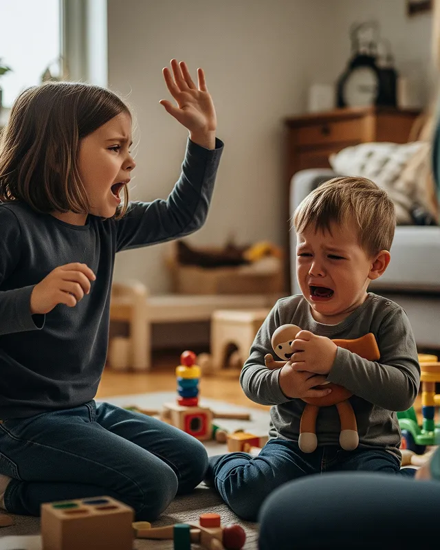 An older child with raised hand appears to be hitting or threatening a younger child who is crying and holding a toy, illustrating sibling aggression and conflict
