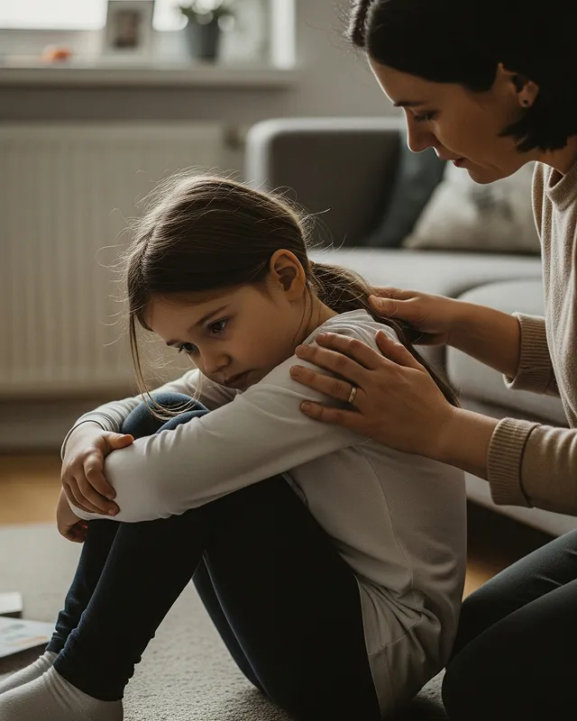A mother gently comforts her daughter who is sitting with knees pulled up looking sad and withdrawn, illustrating how parents support children through emotional difficulties