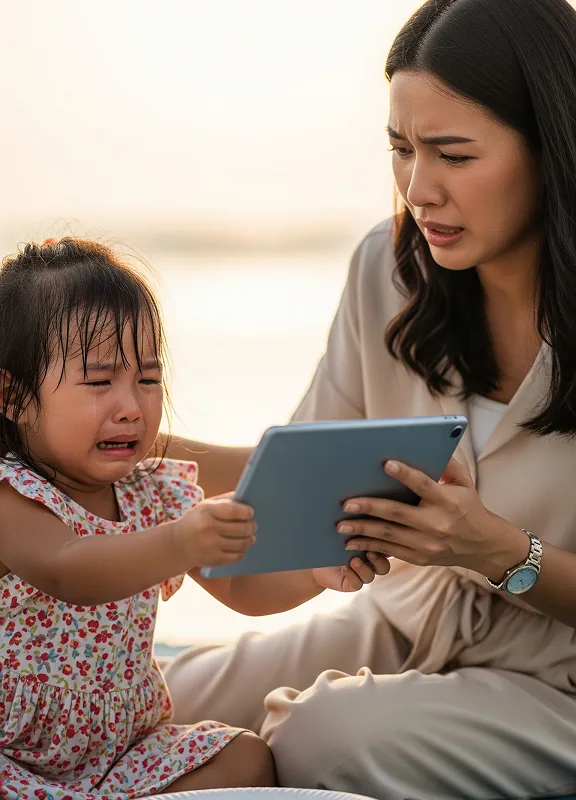 A crying toddler pulls on a tablet while her mother holds it away with a concerned expression, illustrating the struggle over screen time limits