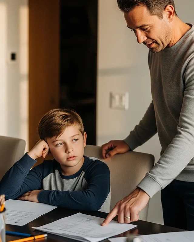 A father stands beside his son who looks frustrated and distracted while sitting at a table with homework papers, illustrating struggles with focus and concentration