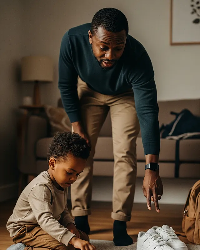 A father leans over trying to help his young son who is sitting on the floor putting on shoes, with a backpack nearby, capturing the rushed feeling of morning routines