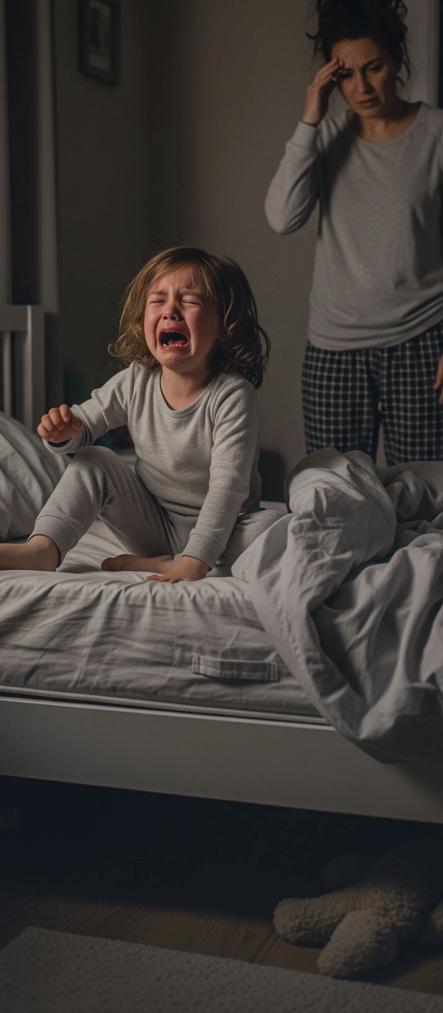 Child having an emotional meltdown while sitting on a bed, representing the challenging parenting moments that require guidance and support