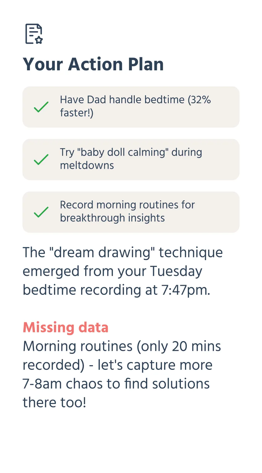 Personalized action plan with three recommended strategies: having dad handle bedtime for faster results, using baby doll calming during meltdowns, and recording morning routines for additional insights, plus suggestion to capture more morning data