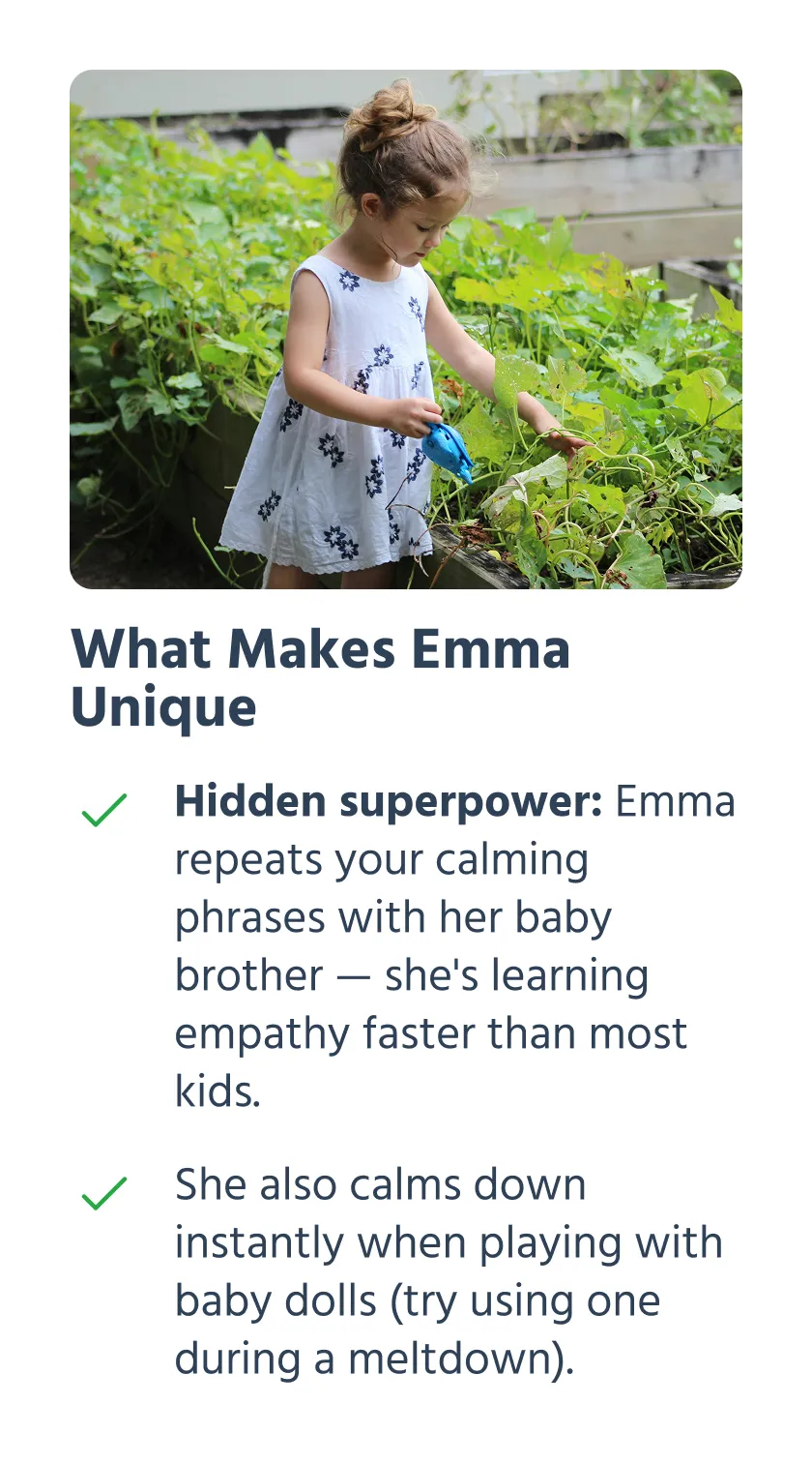Personalized action plan with three recommended strategies: having dad handle bedtime for faster results, using baby doll calming during meltdowns, and recording morning routines for additional insights, plus suggestion to capture more morning data