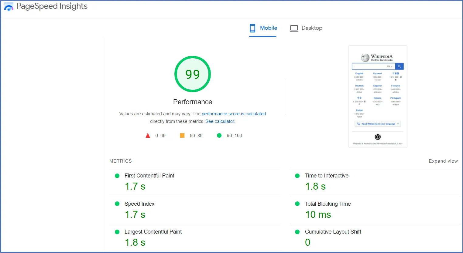Screenshot of Google's PageSpeed Insights report.