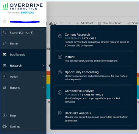 Screenshot of enterprise SEO tool BrightEdge's left rail menu and sub-menu.