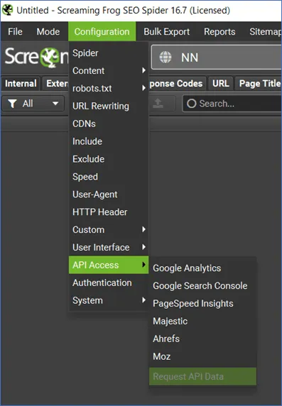 Screenshot of ScreamingFrog API config interface.