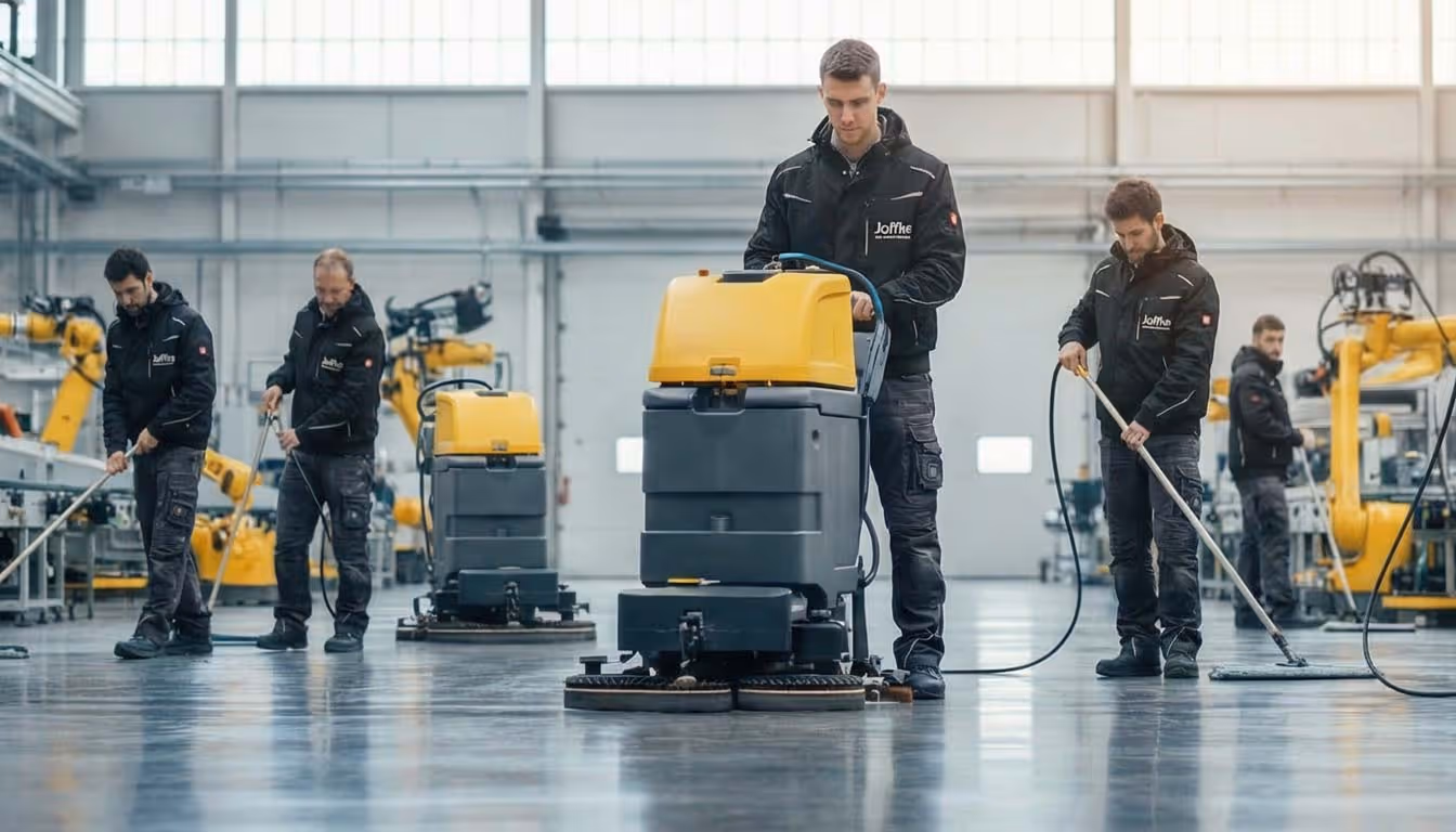 Fünf Arbeiter reinigen den Industriehallenboden mit Reinigungsmaschinen und Bodentüchern.