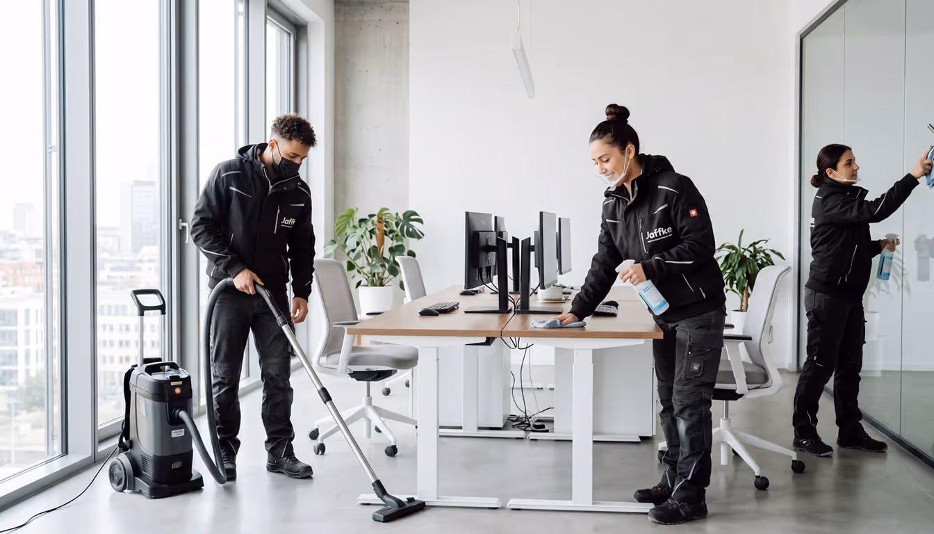 Zwei Reinigungskräfte in blauer Arbeitskleidung reinigen ein modernes Büro mit Computern und großen Fenstern.