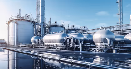Industrielle Anlage mit großen silbernen Lagertanks und Rohrleitungen unter blauem Himmel.