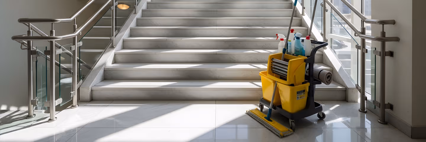 Reinigungswagen mit Wischmopp und Sprühflaschen steht vor einer Treppe in einem hellen Gebäude.