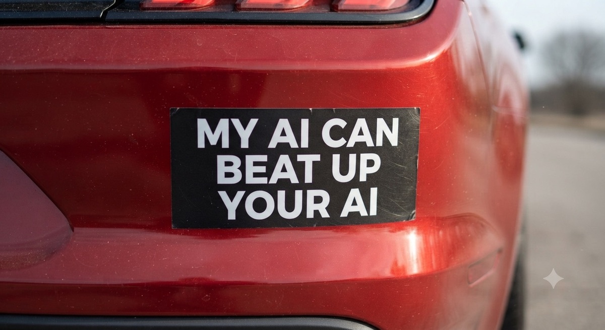 Bumper sticker on a red car reading My AI Can Beat Up Your AI