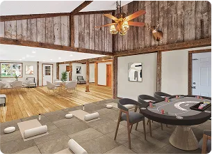 An Image of a Cozy game room with a poker table, yoga mats, and seating arrangements