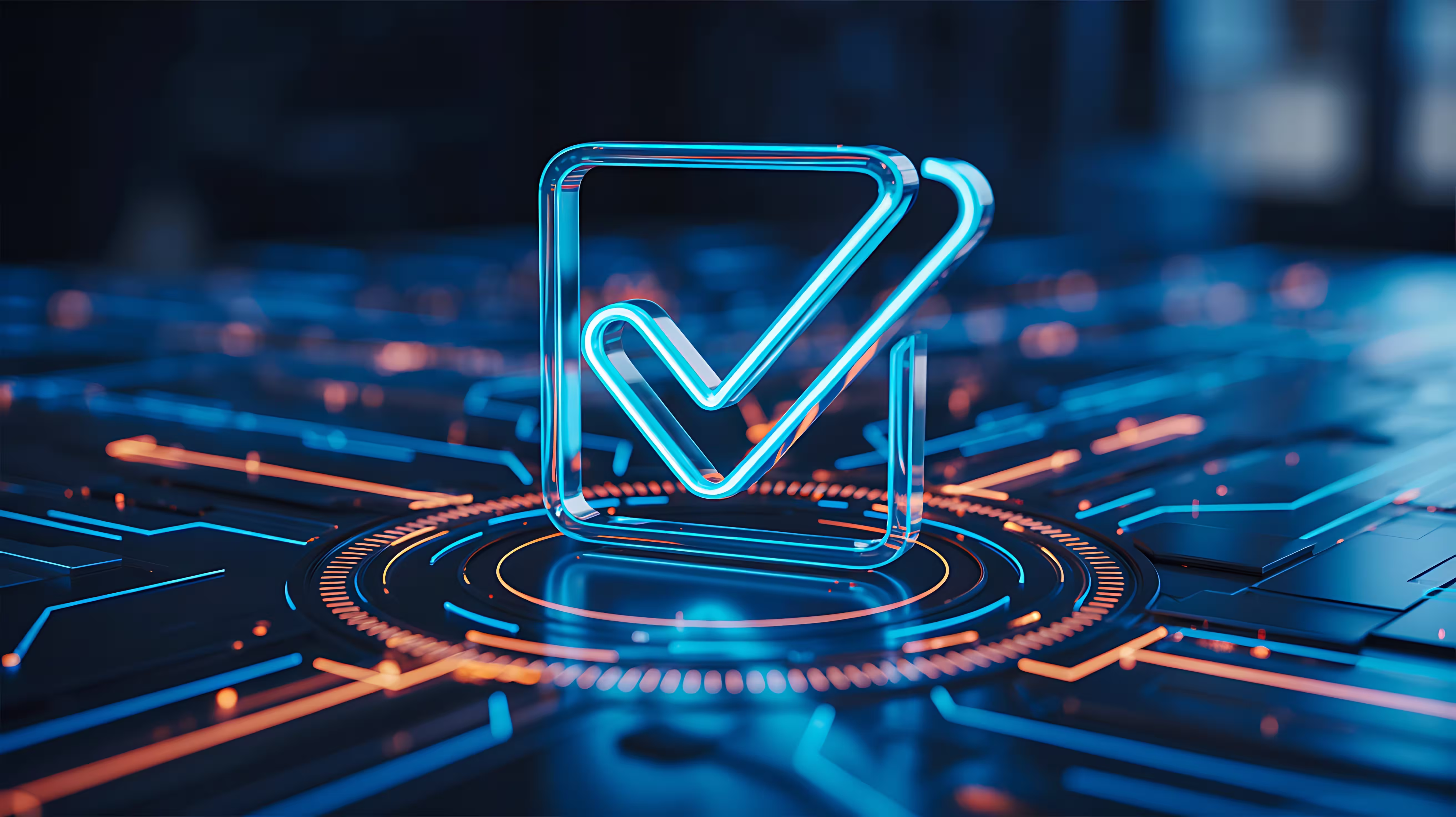 Glowing blue checkmark icon on futuristic digital circuit board with neon orange accents.