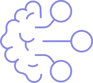 Purple outline of a brain connected to three circular nodes by lines representing neural network or AI concept.