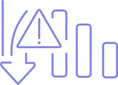 Declining bar chart with an exclamation point warning symbol over a downward arrow.