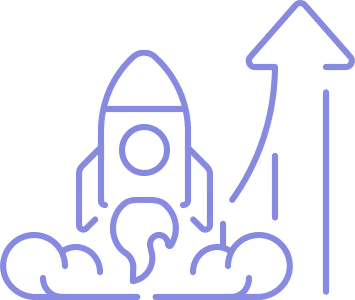 Line icon of a rocket launching with an arrow pointing upward indicating faster progress.