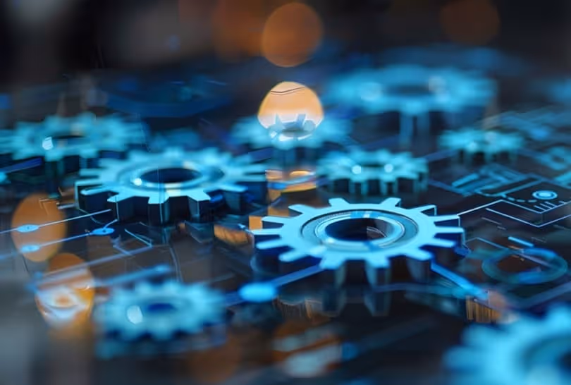 Close-up of blue gears interconnected on a digital circuit board symbolizing technology and efficiency.