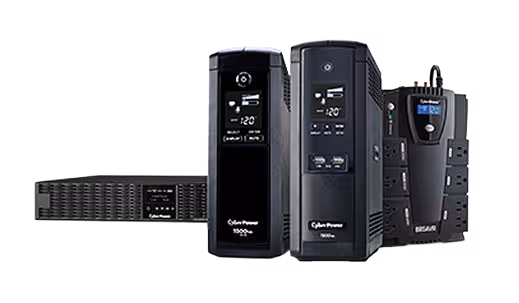 Three black CyberPower generators are lined up.
