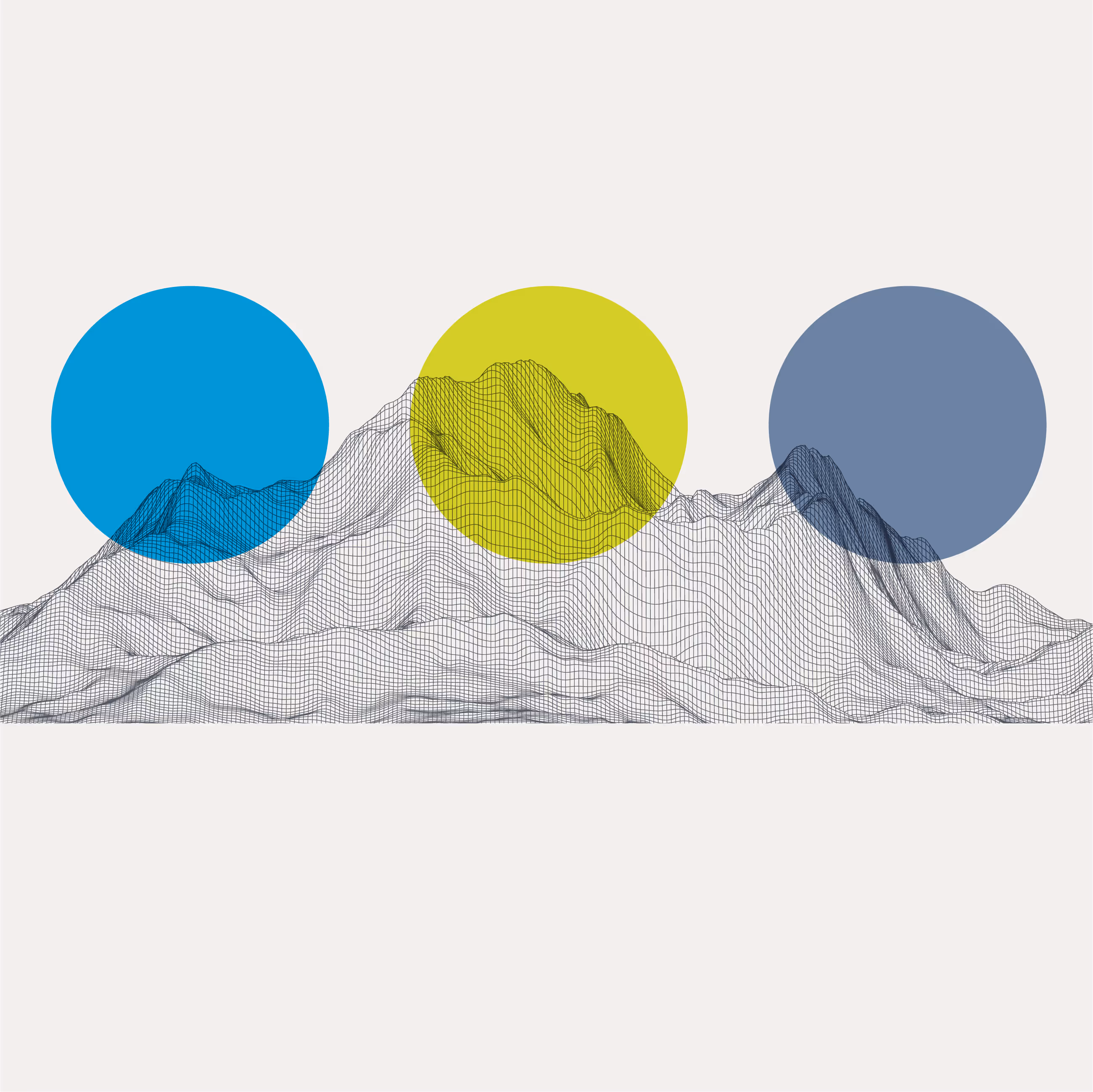 A mountain with a three circles, blue, yellow, and gray on top of it.