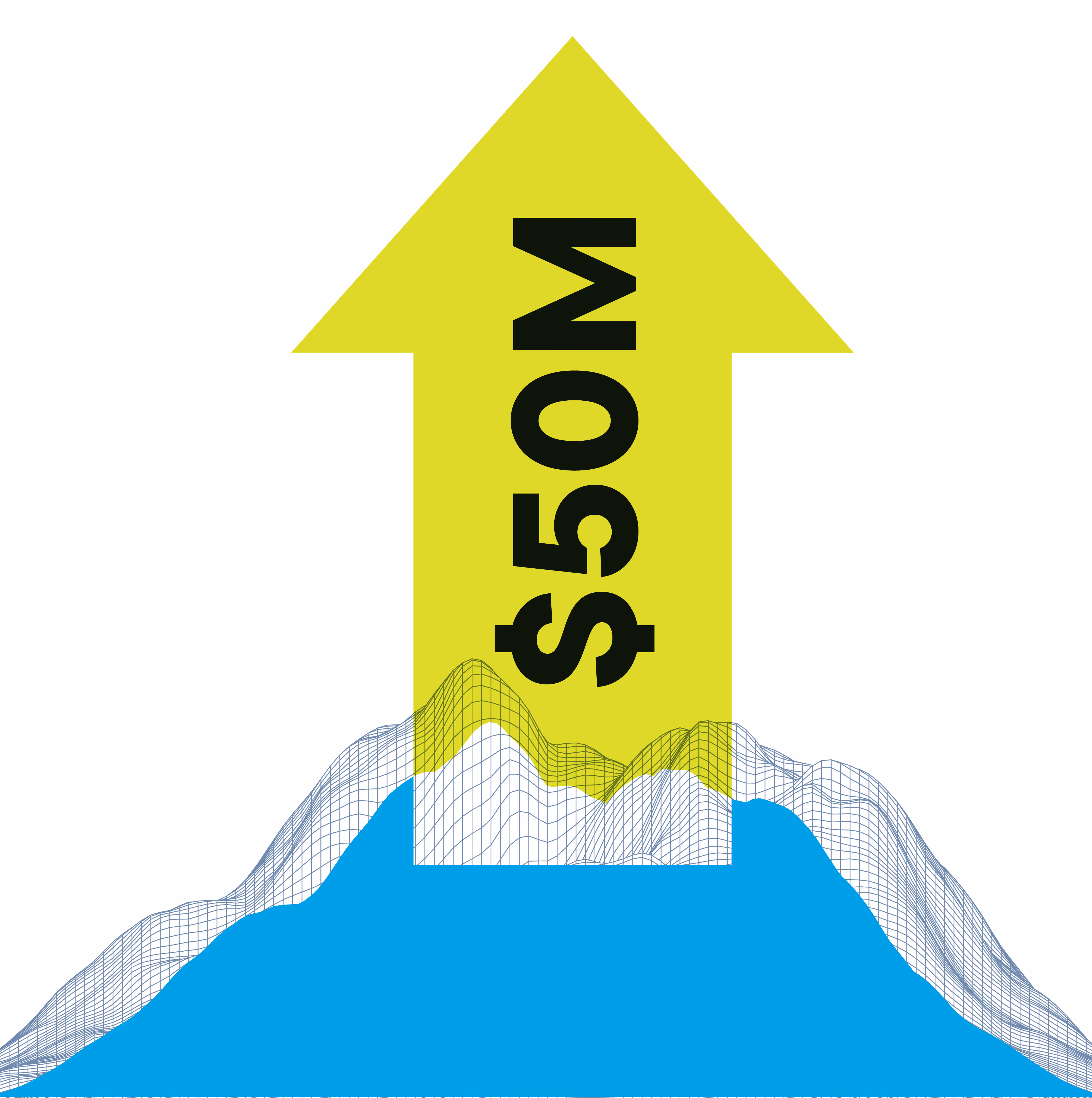 Wireframe mountain graphic with yellow upward arrow showing business growth progression, with text representing brand development and expansion