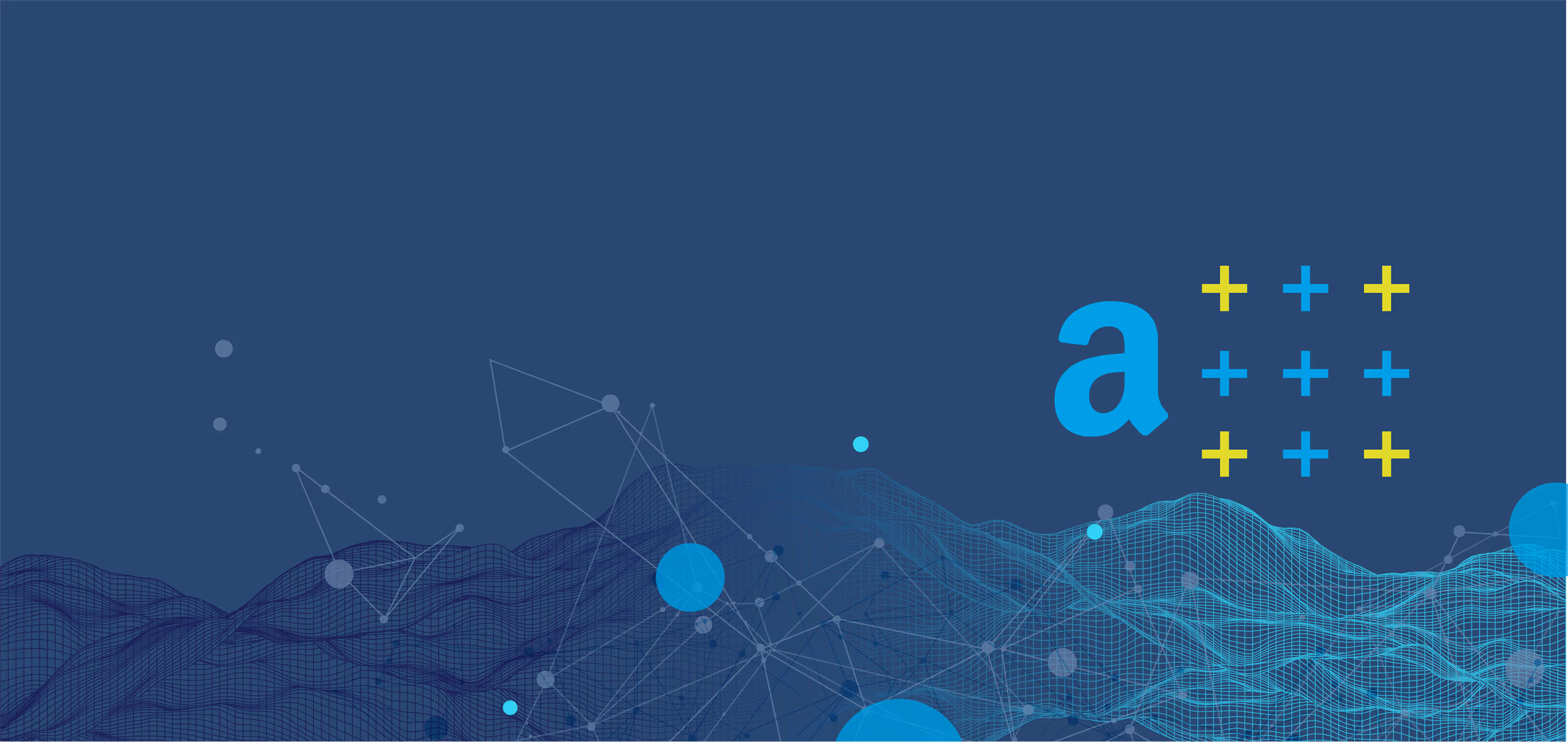 Dark blue wireframe mountain landscape with geometric network connections, blue and yellow accent elements, and decorative letter 'a' with plus symbols representing logistics and supply chain technology