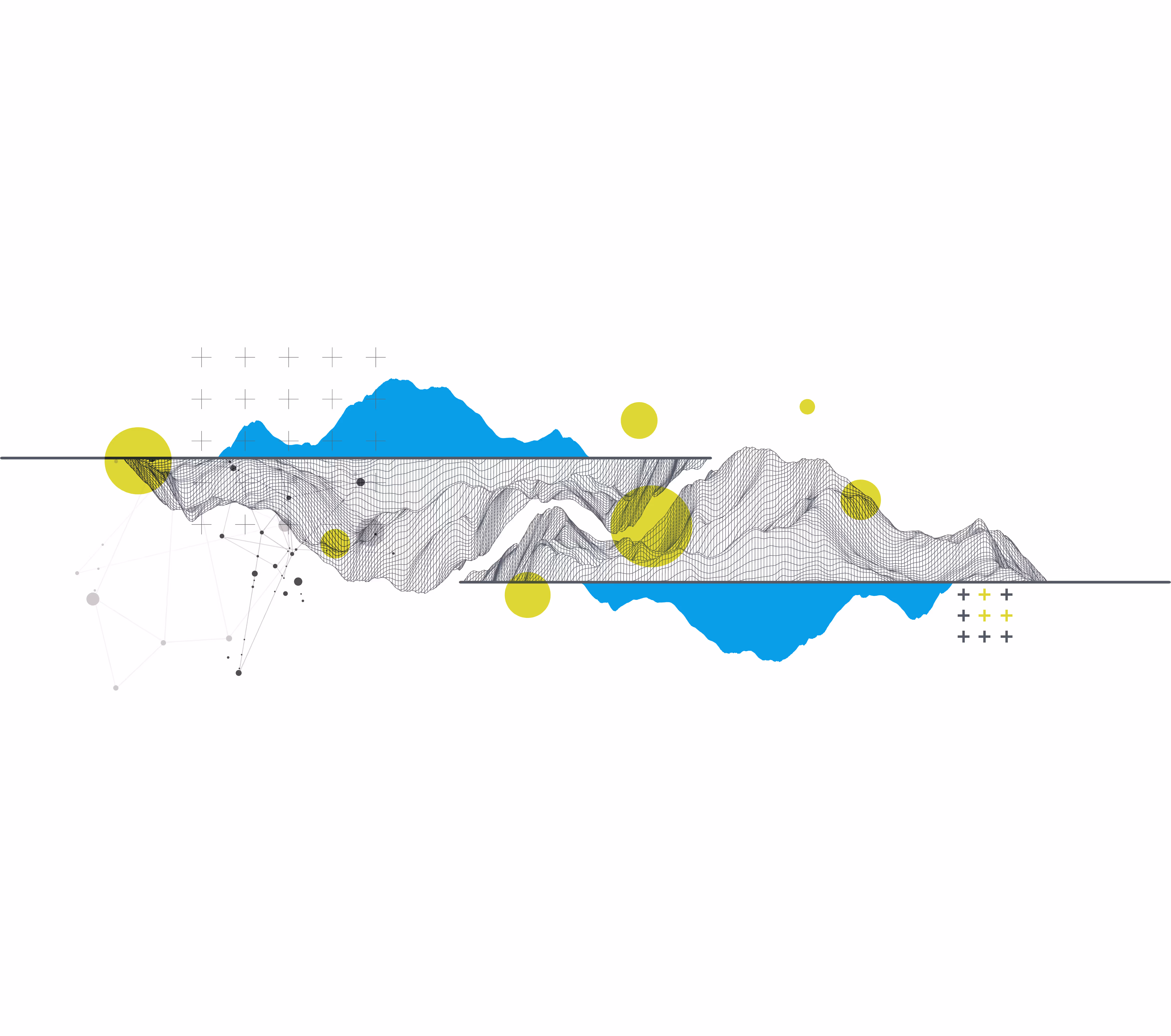 Abstract wireframe mountain range with blue and yellow geometric elements, connecting dots and grid patterns representing data connectivity and digital landscape