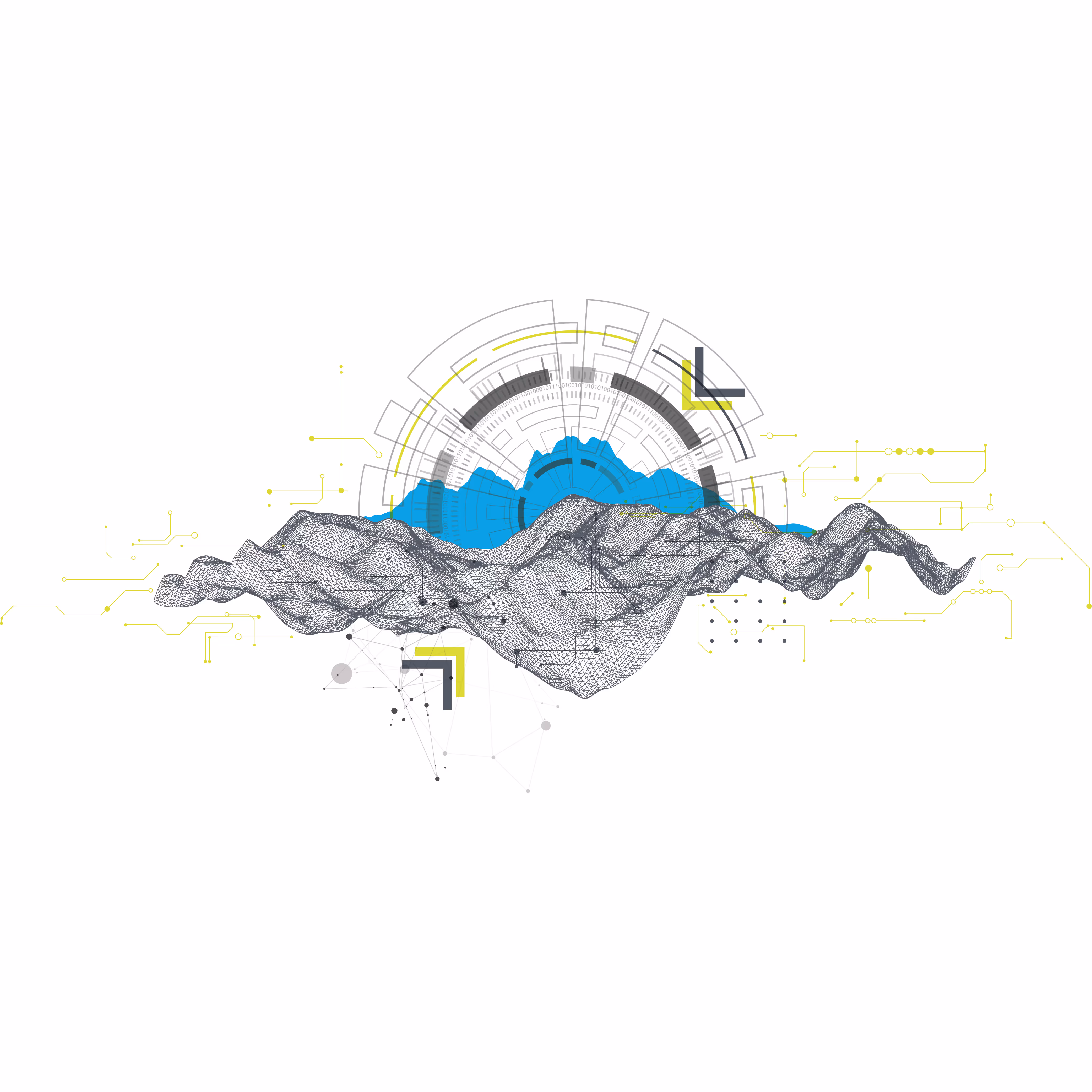 Complex wireframe mountain landscape with circular technical diagrams, blue peaks, and yellow circuit-like connecting lines representing advanced data analytics and technological systems
