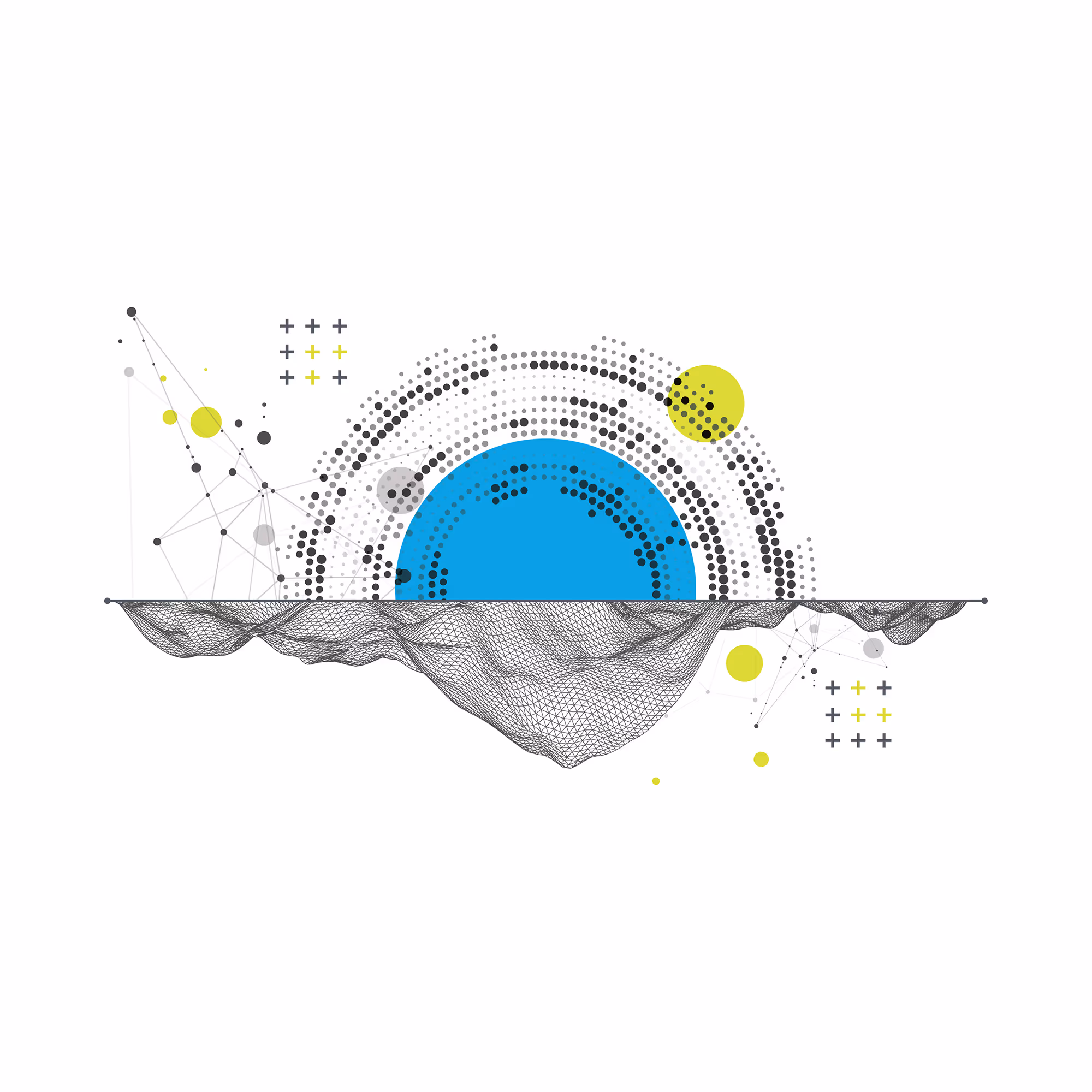 Abstract wireframe landscape with blue and yellow geometric elements, dots, and connecting lines representing data visualization and network connectivity