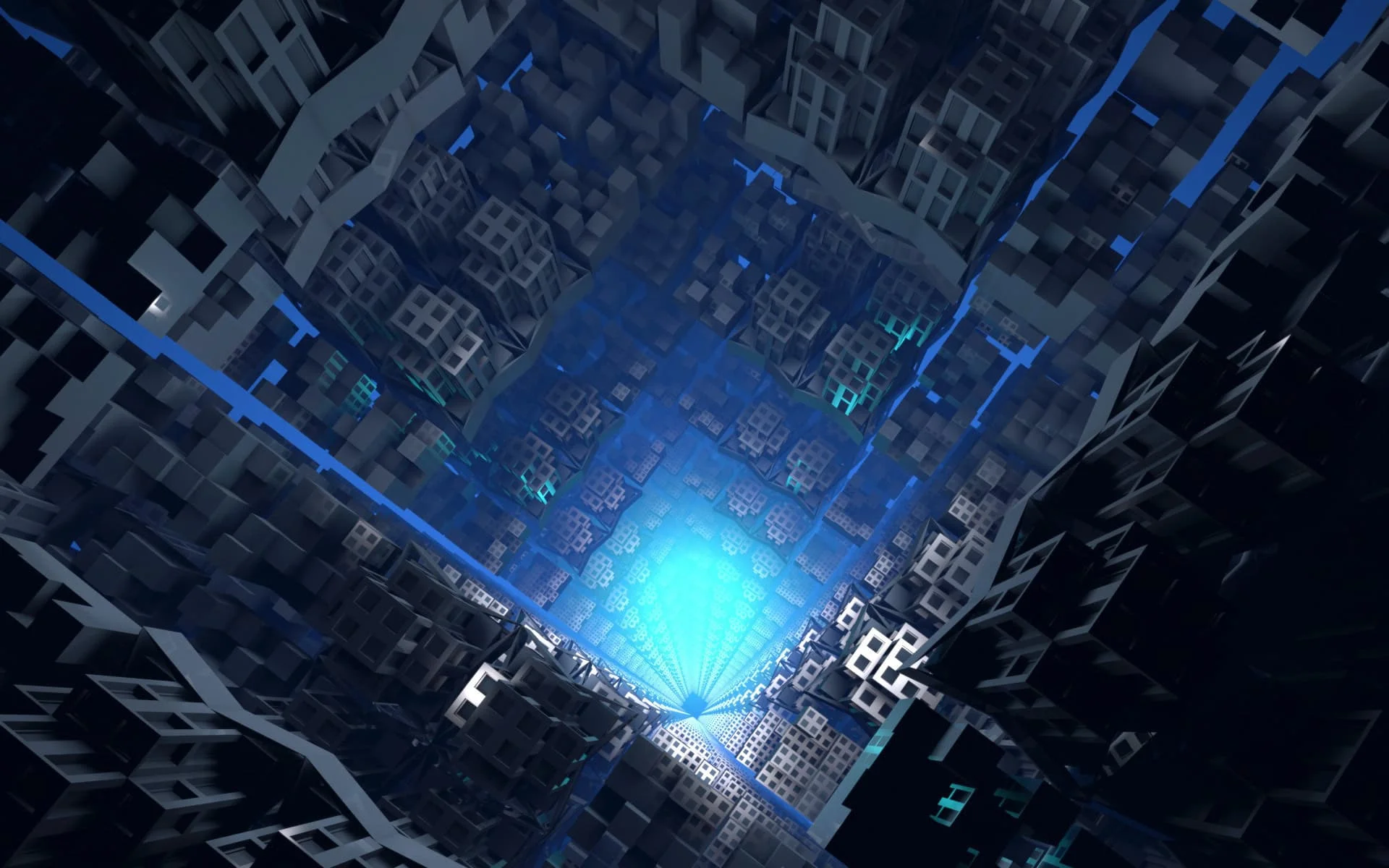 Digital abstract of glowing blue light at the center surrounded by dark, porous cubic structures forming a tunnel.