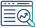 Browser window with lines of text and a magnifying glass highlighting a rising graph line.