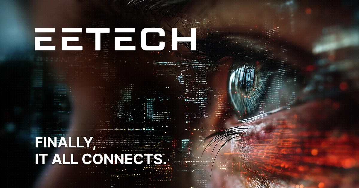 Close-up of a human eye with digital cityscape reflections and text 'EETECH' and 'Finally, it all connects.'