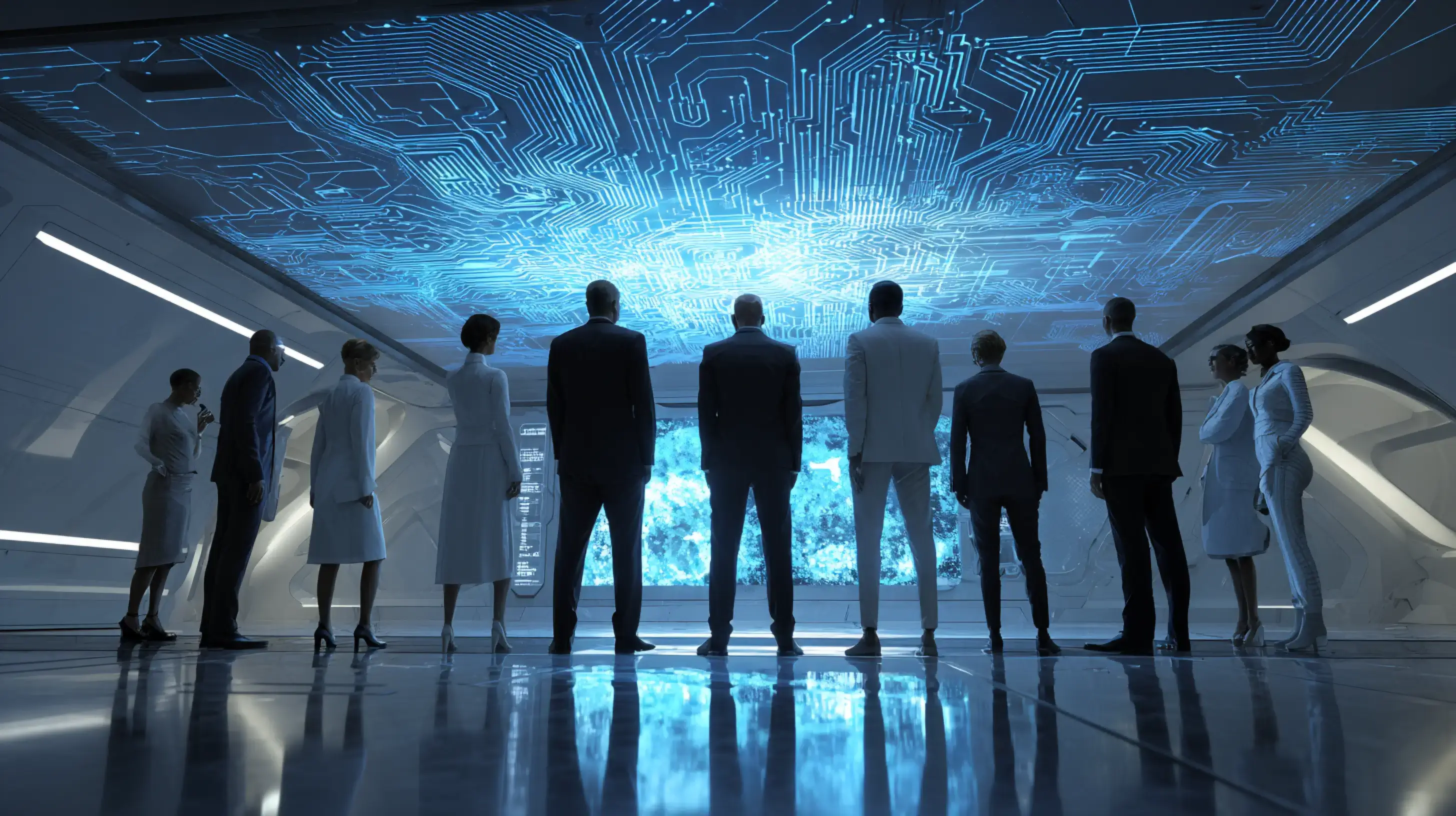 Group of professionals in formal attire standing in a futuristic room with a glowing digital circuit pattern on the ceiling and a large blue display panel.