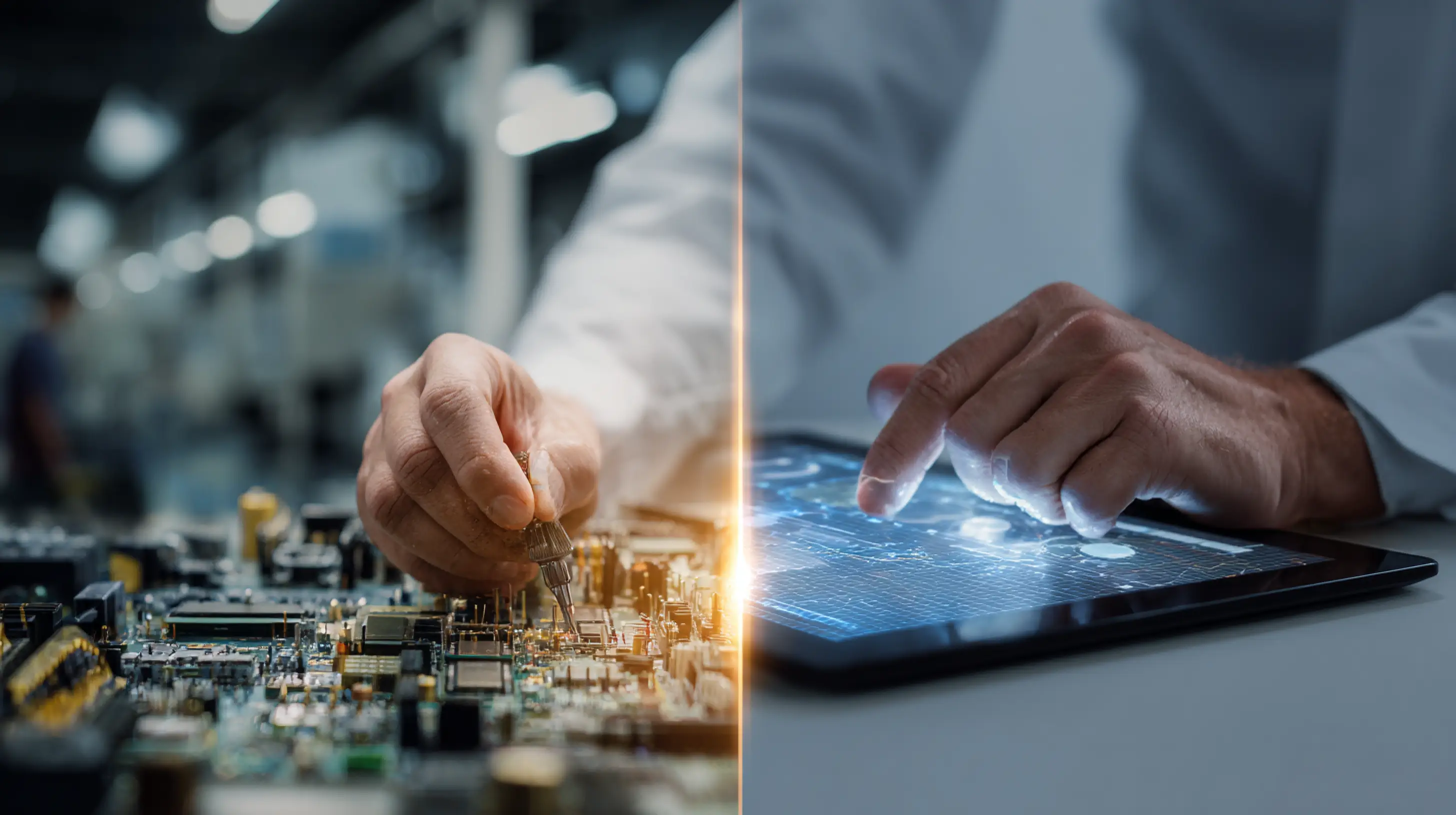Split image showing a hand soldering electronic components on a circuit board and another hand interacting with a touchscreen tablet displaying technical data.