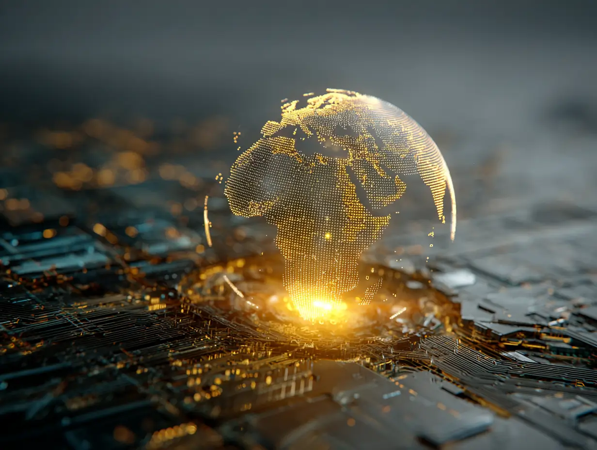 Holographic digital globe of Africa and Europe glowing in gold above a dark circuit board.