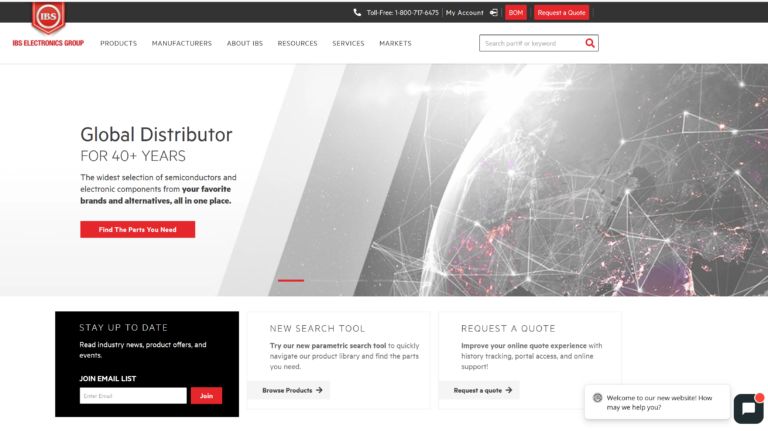 Website homepage of an electronics distributor, featuring a global network graphic with text highlighting over 40 years of experience. Options for product search, quote requests, and newsletter sign-up are visible. The design is modern and professional, emphasizing connectivity and innovation.