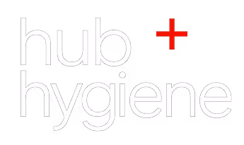 Hub Hygiene logo with lowercase white text reading ‘hub hygiene’ on a black background, and a bold red plus sign to the upper right of the word ‘hub’