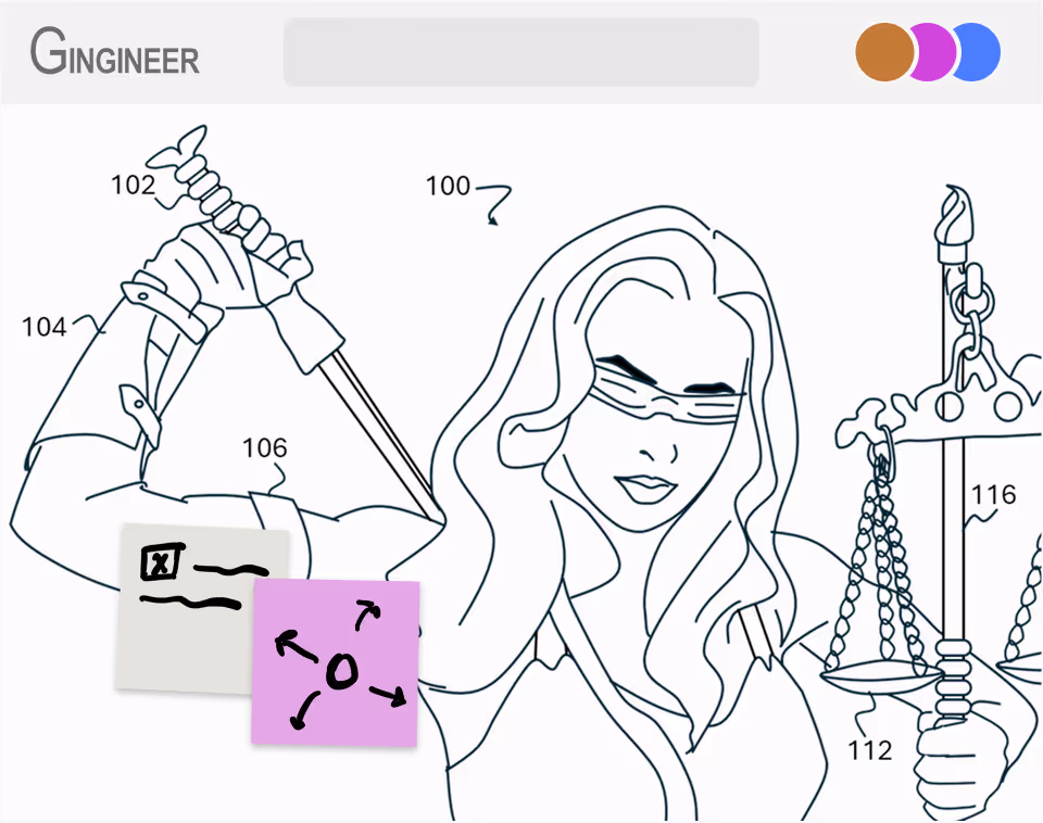 Line illustration of Lady Justice styled like a patent drawing, representing IP enforcement and legal support for patent rights protection.