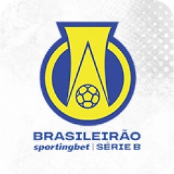 Logo of Brasileirão Série B featuring a stylized yellow and blue emblem with a soccer ball and text 'Brasileirão sportingbet Série B' below.
