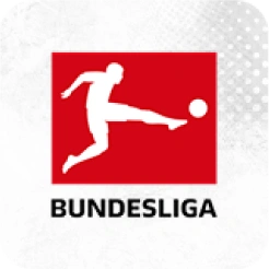 Logo of Bundesliga featuring a white silhouette of a soccer player kicking a ball on a red square background.