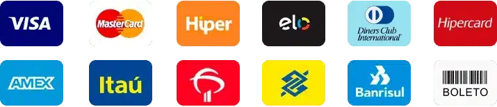 Logos of various payment methods including Visa, MasterCard, Hiper, Elo, Diners Club International, Hipercard, Amex, Itaú, Redeshop, Banco do Brasil, Banrisul, and Boleto barcode.