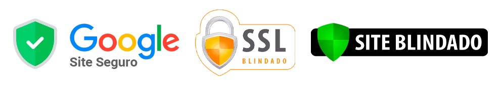 Three security badges representing safe and protected websites with text 'Site Seguro' and 'Site Blindado'.