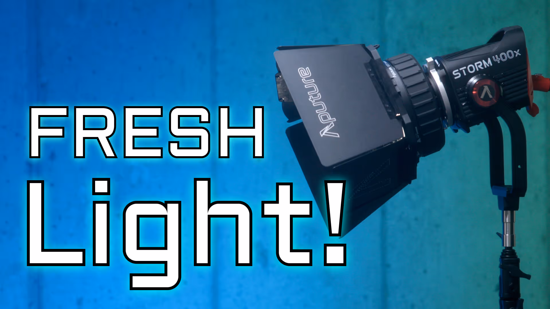 Aputure Storm 400x light with barn doors shining light on the title, Fresh Light