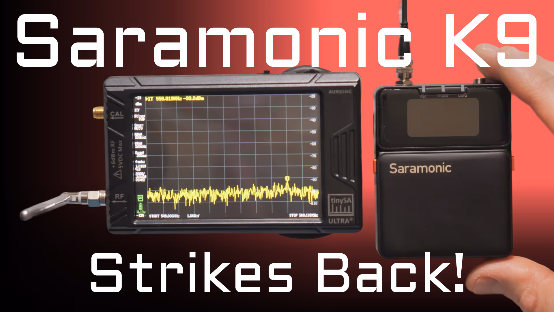 A Saramonic K9 wireless mic system transmitter is pictured next to an RF scanner against a gradient red and black background.