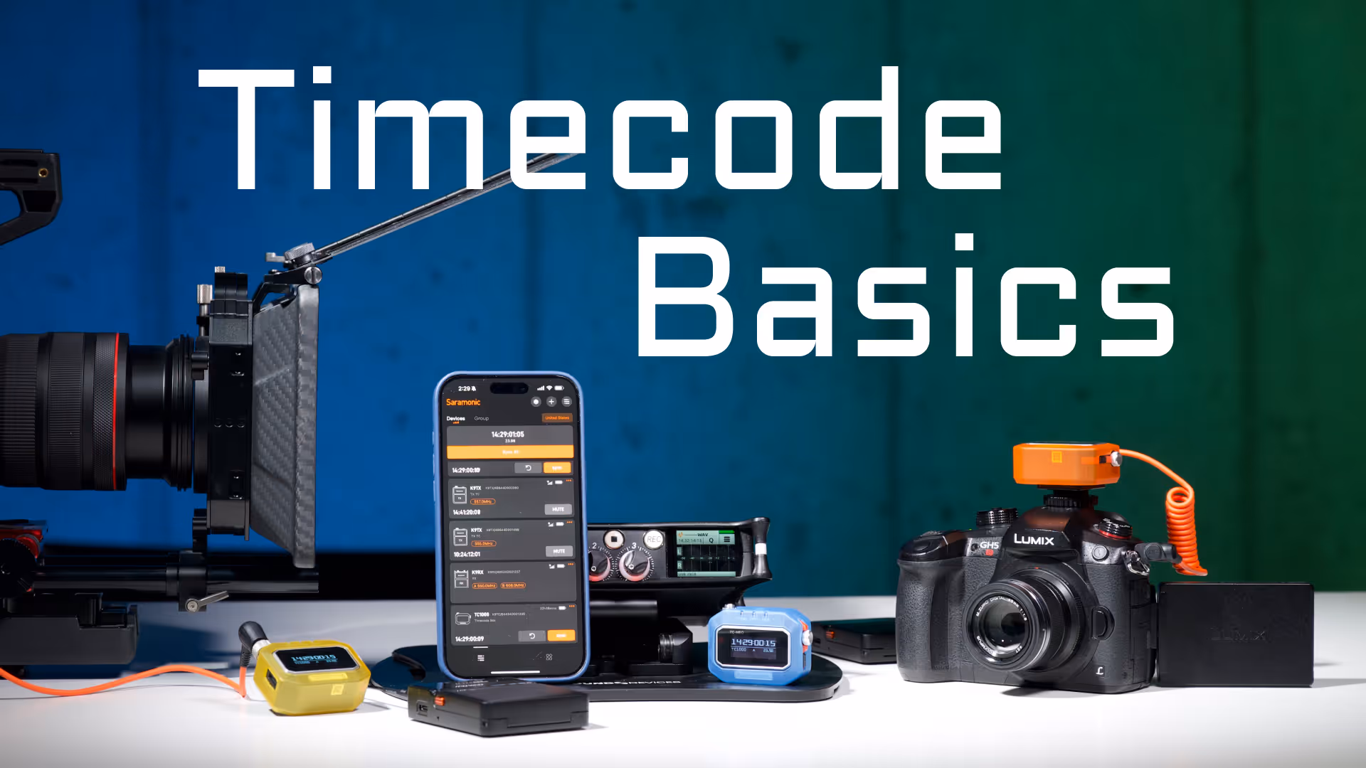 Various cameras, timecode generators, and other timecode system components are arranged to show how they work together to make syncing audio and video files easier.